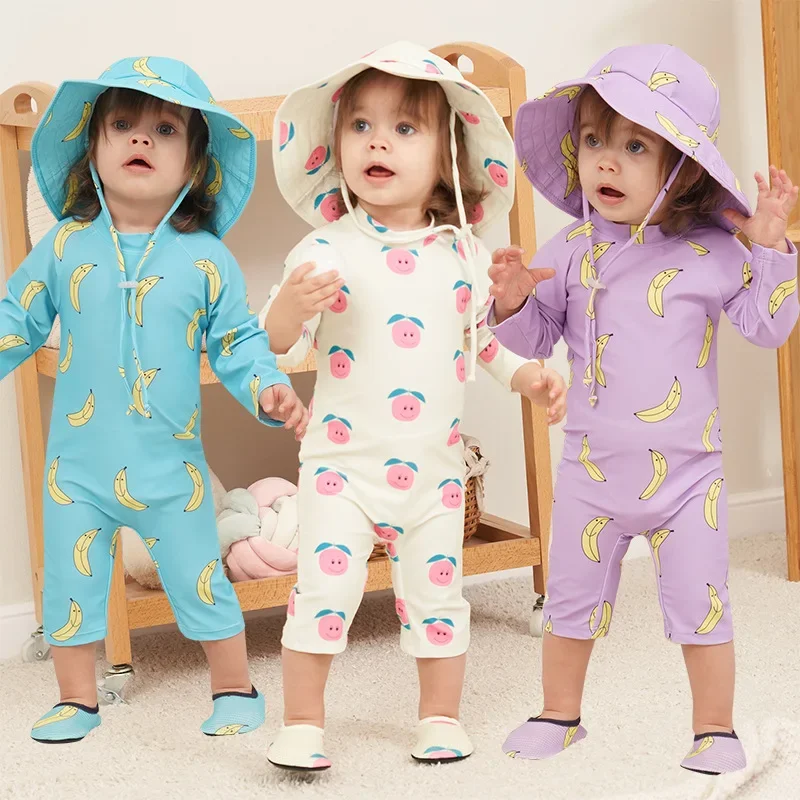 Baju renang anak laki-laki UV, Jumpsuit renang satu potong kerutan, pakaian mandi SPF 50 lengan panjang untuk anak perempuan 1-7 tahun