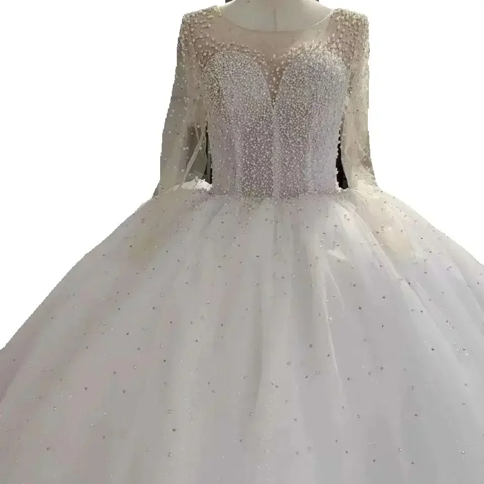 

Customized Scoop Neck Sparkly Pearls Beaded Wedding Dress Vestido De Noiva Ballgown Puffy Long Sleeves Puffy Bridal Gowns