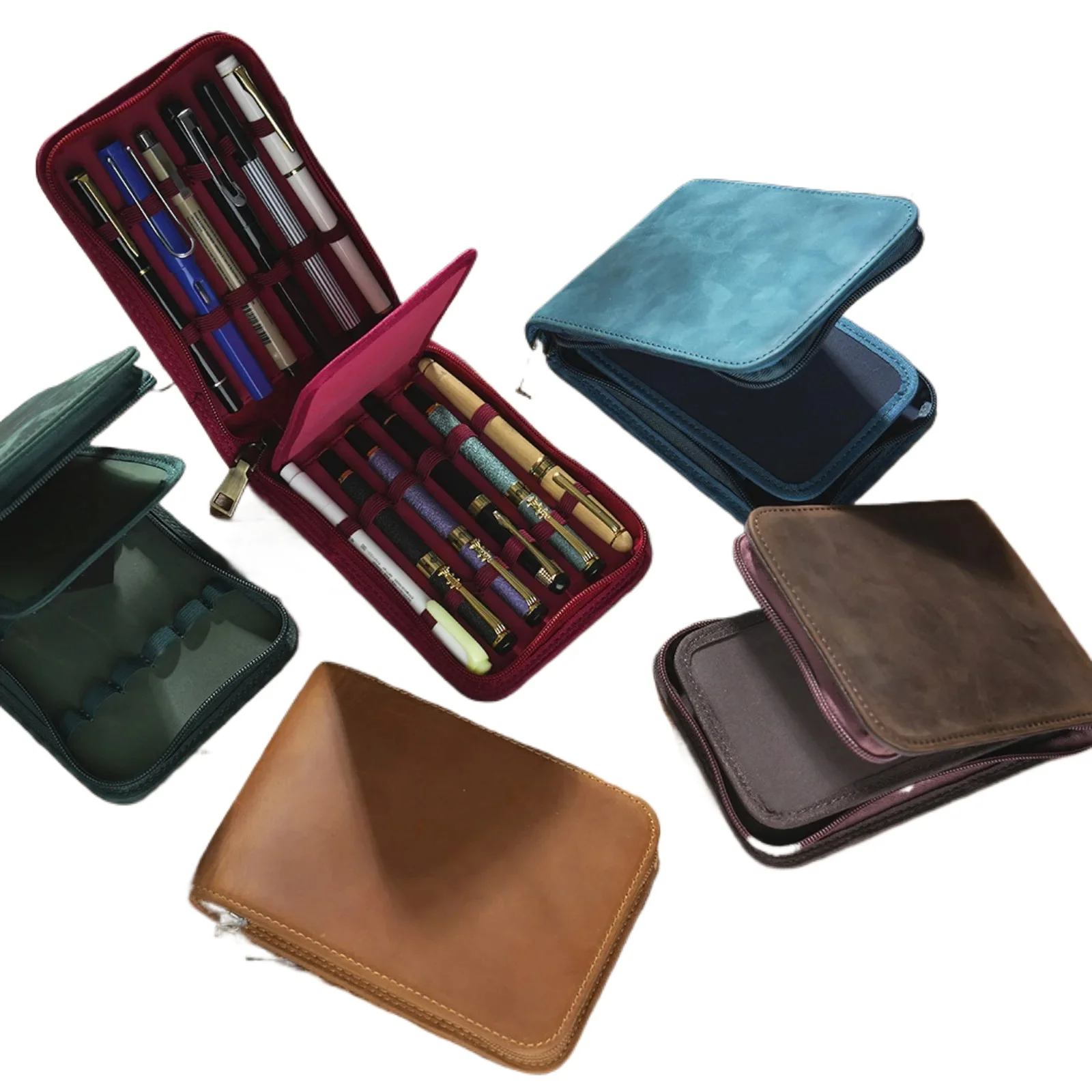 

12 Holes Fountain Pen Case Vintage Leather Roller Ball Pen Holder Bag, Large Capacity Zipper Organizer Pouch Stationery
