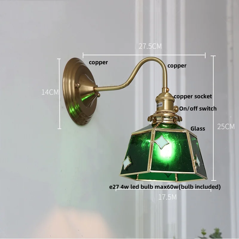 IWHD Green Glass LED Wall Lamp Sconce Bedroom Hallway Restaurant Copper Knob Switch Vintage Loft Stair Light Fixtures Wandlamp