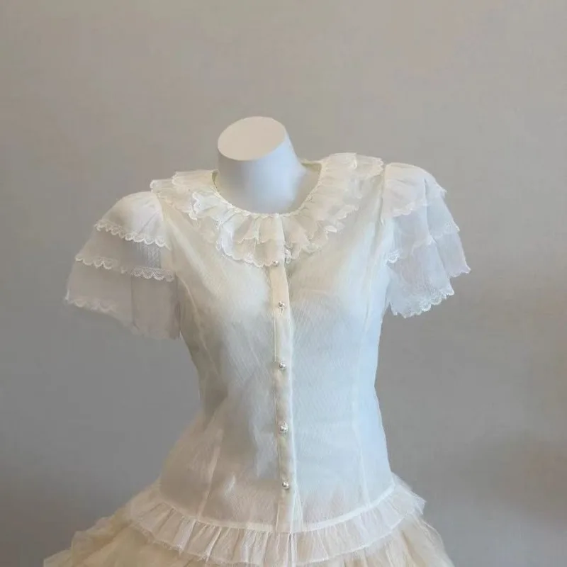 Kimotimo Women Lolita Lace Blouse Sweet Patchwork Ruffle Collar Tiered Short Sleeve Button Up Slim Top Summer Kawaii Y2k Shirt