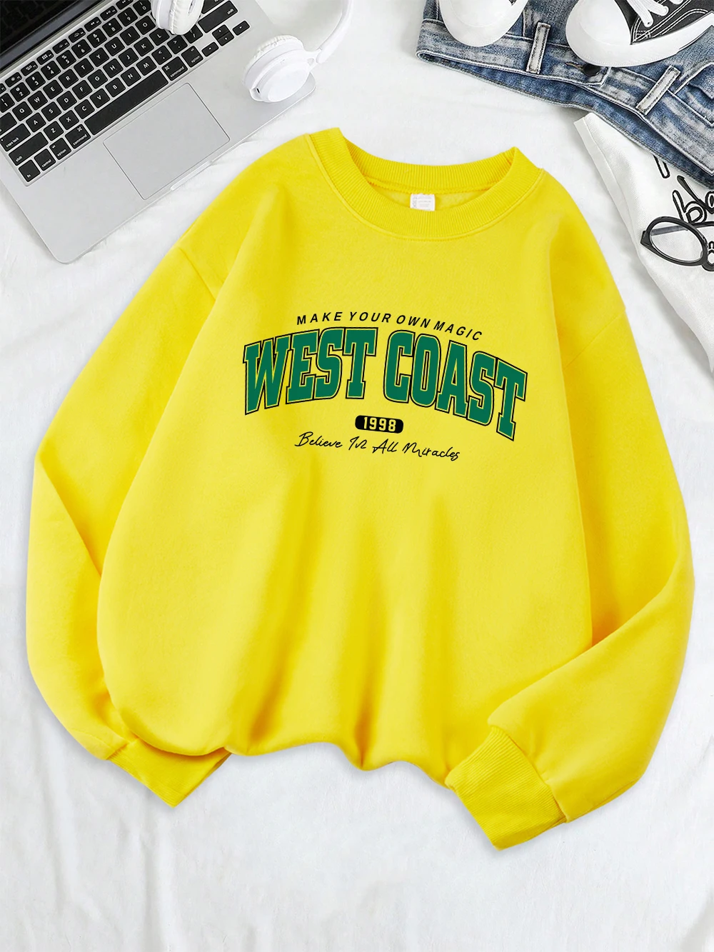 West Coast 1998 Creative Fonts Prints Sweatshirts Womens Loose Sporty Hoodies Fleece Warm O-Neck Tops Winter Comfortable Clothes