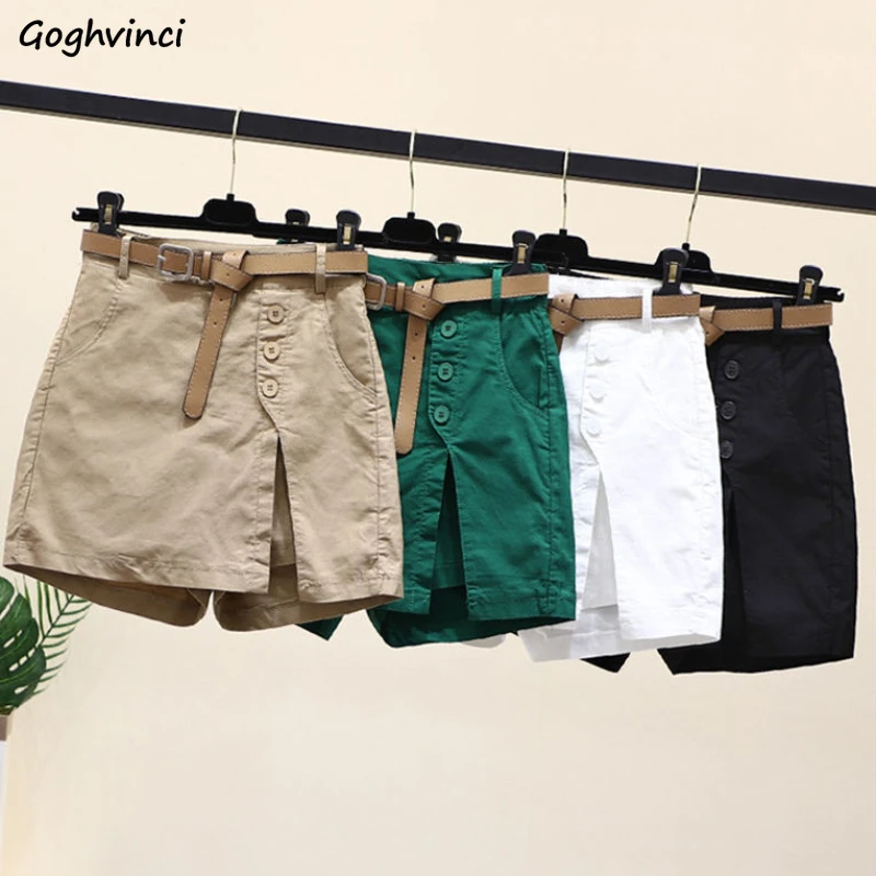 

Cotton Casual Shorts Women Solid Color Summer All-match Korean Fashion A-line Trousers Elastic Waist Belts Side-slit Buttons