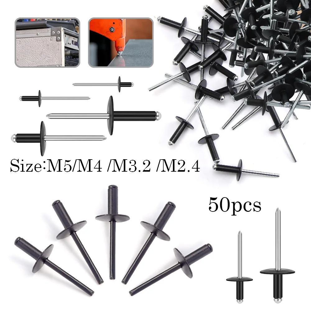 

50pcs Black Aluminum Blind Rivets M2.4 M3.2M4 M5, Dome Head for Aluminum Sheet Steel Mandrel Exhaust Fasteners