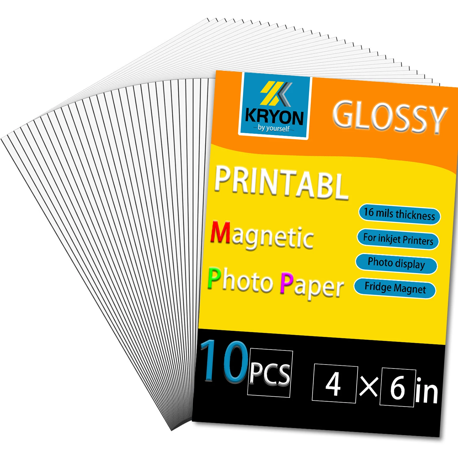 KRYON 프린터블 마그네틱 시트 4x6인치 잉크젯 프린터용, 10매, 광택, 16밀 두께, 비접착, DIY 사진 자석