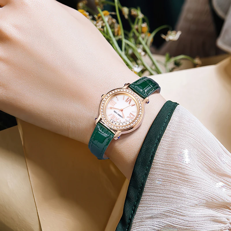 GEEMA Women Watch Luxury Fashion Ladies Waterproof Green Leather Bracelet Female Mobile Dial Quartz Wristwatch Relogio Feminino