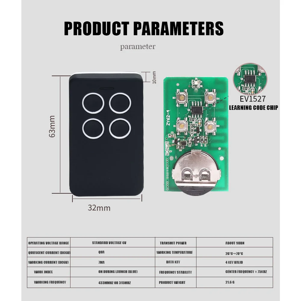 Garagem Porta Controle Remoto, Portão Controle, Rolling Code, Abridor De Comando, 433.92MHz