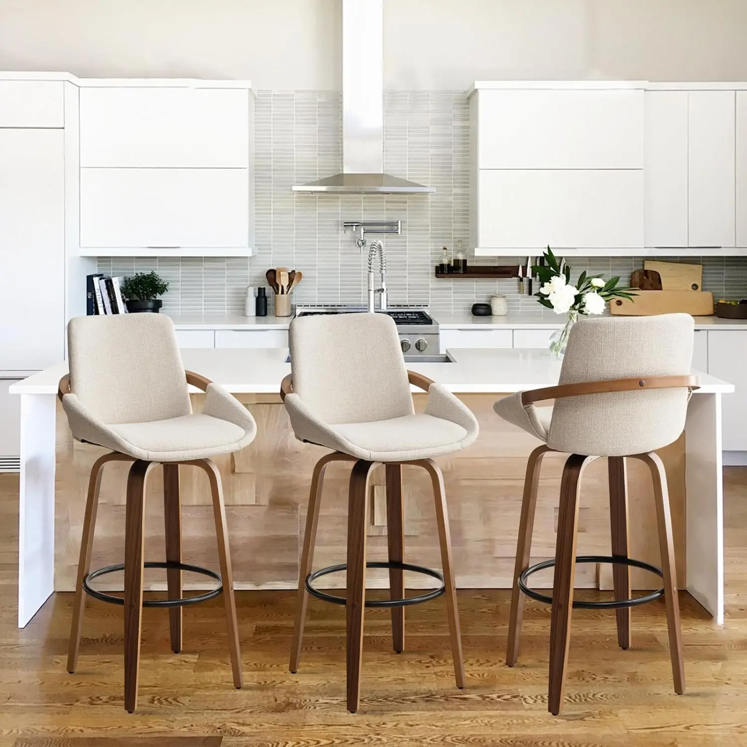 

29.5in Beige Linen Barstools Set of 3,Mid Century Upholstered & Walnut Wood Frame for Home Bar Furniture,Customized