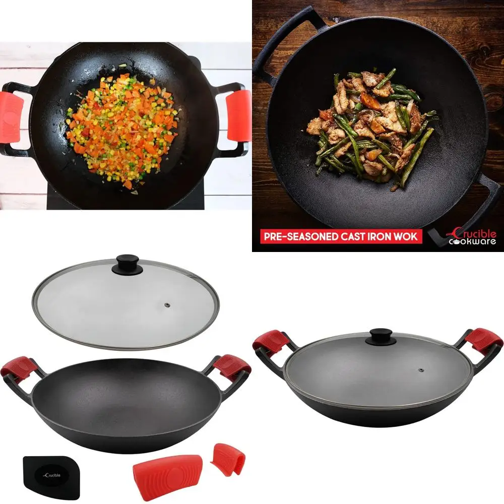 

Набор чугунных сковородок-воков 14 дюймов (с предварительной обработкой), стеклянная крышка и силиконовые держатели для горячих ручек