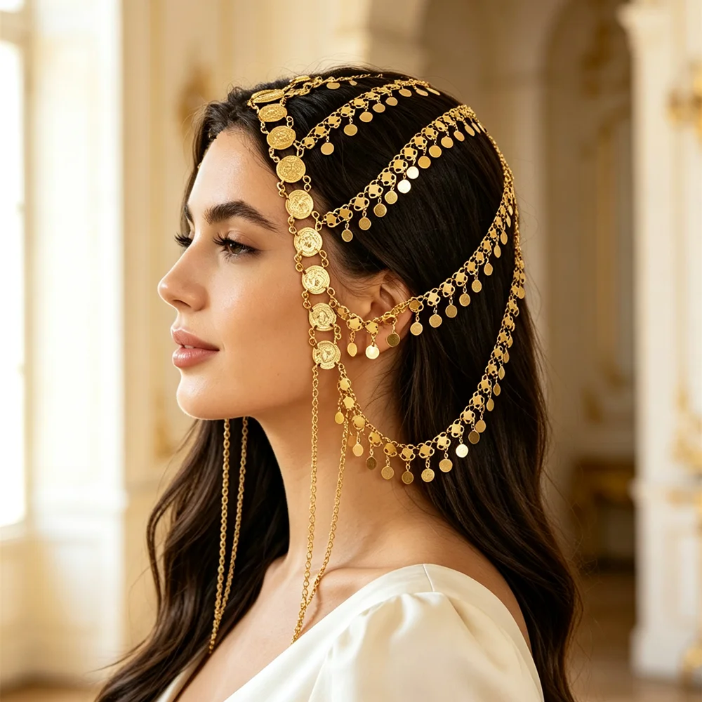 Luxury Gold Disc Tassel Head Chain Multi Layer Draped Design Bridal Headpiece For Evening Party Gown