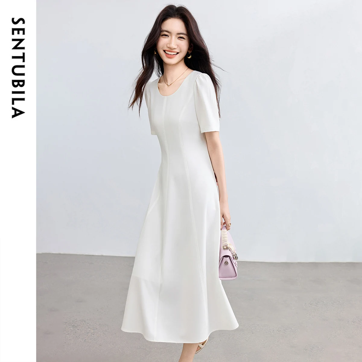 SENTUBILA Letnia Długa Biała Sukienka Damska Kolekcja 2025 Nowa Prosta Elegancka Sukienka z Bufiastymi Rękawami Odzież Formalna Damska 152LK0095