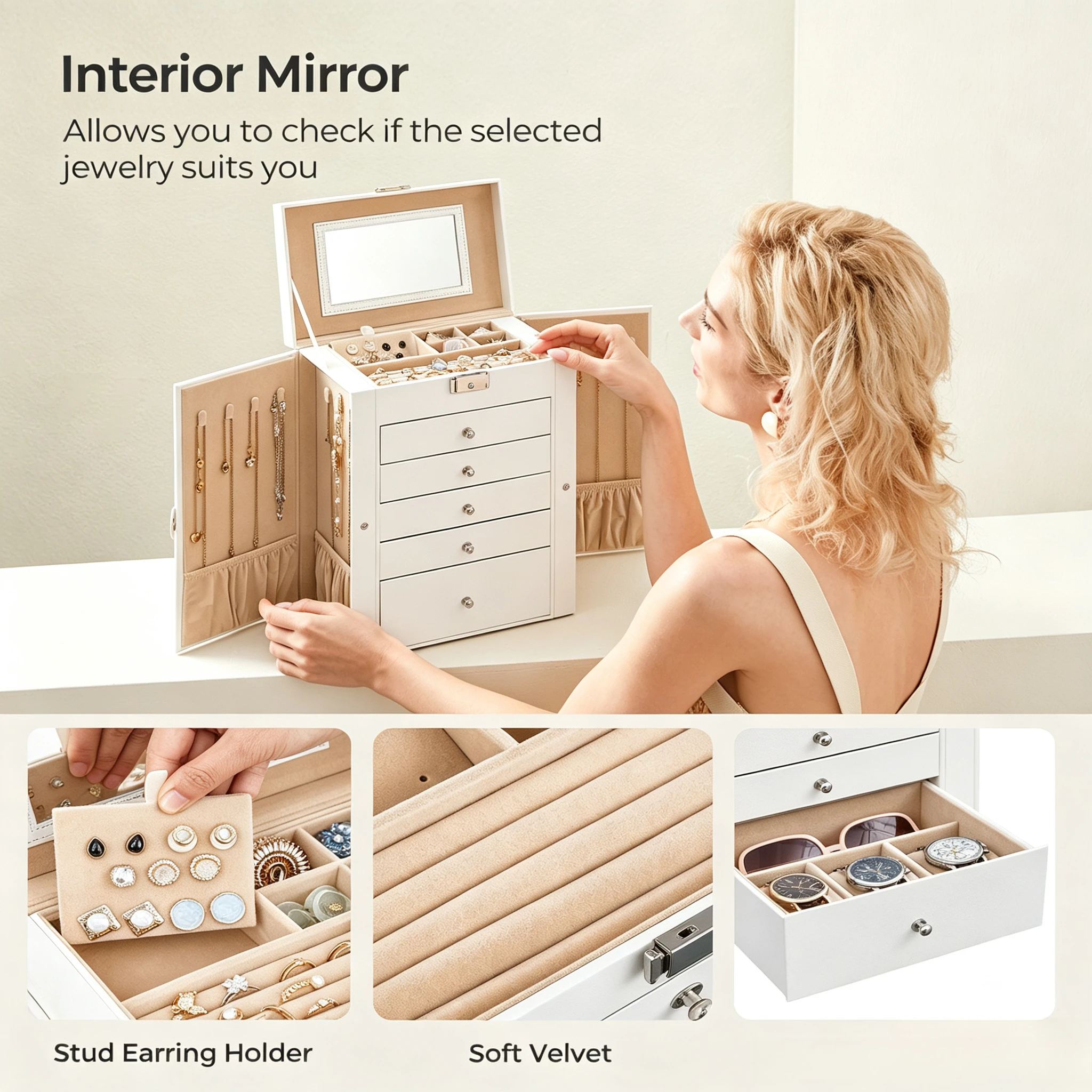 Lockable Jewelry Box with 5 Drawers & Mirror, 6 Tier Large Storage Organizer for Women, Jewelry Display Case for Rings, Necklaces, Earrings, Bracelets & Watches, Ideal Gift for Her