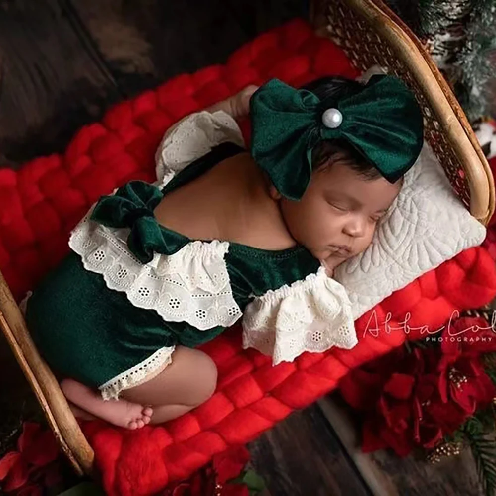 Baby Girl Velvet Newborn Romper Set Christmas Photo Prop Infant Photography Outfit Newborn Photo Shoot Clothes