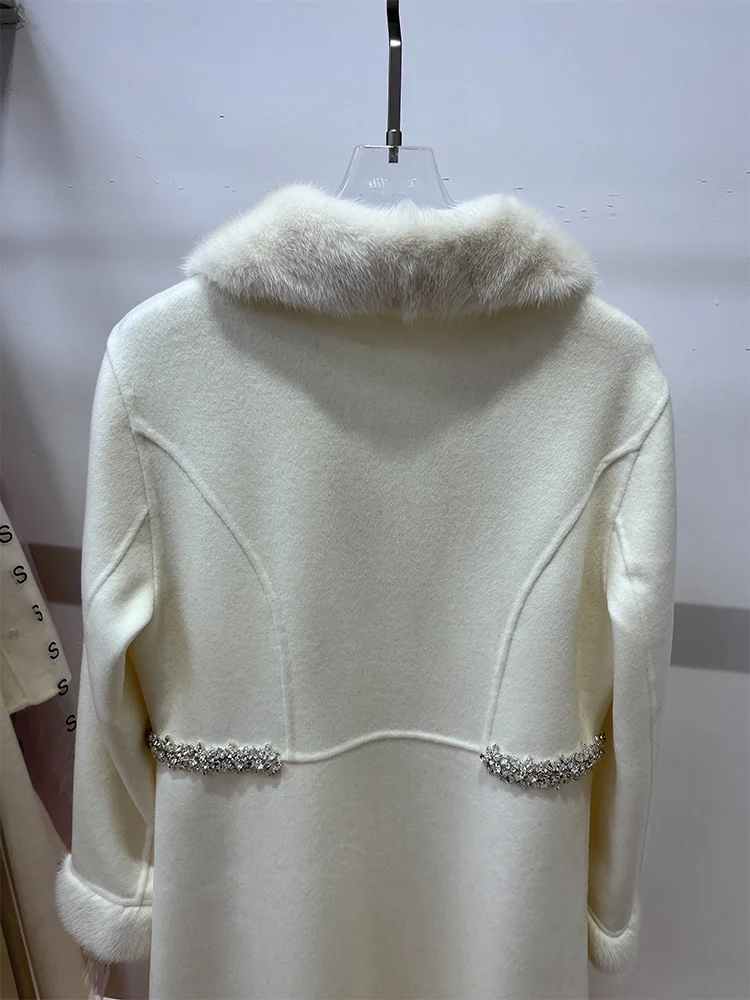 2025 Real Fur Coat Winter Jacket Women Natural Mink Fur Collar Cuffs Cashmere Wool Woolen Ladies Outerwear Streetwear