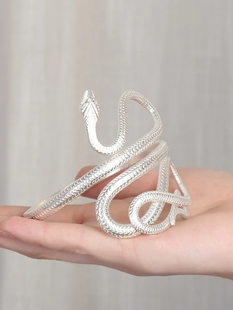 Vintage Women High Quality Handmade Customized 999 Snake Pattern Sterling Silver Bracelet Open Adjustable Arm Ring Designer Lady