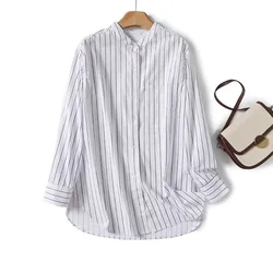 Women's French Commuter Style Comfort Pinstripe Shirt Crew Neck Long Sleeves Loose Stripe Blouse Top Fall New Female Chic Shirts