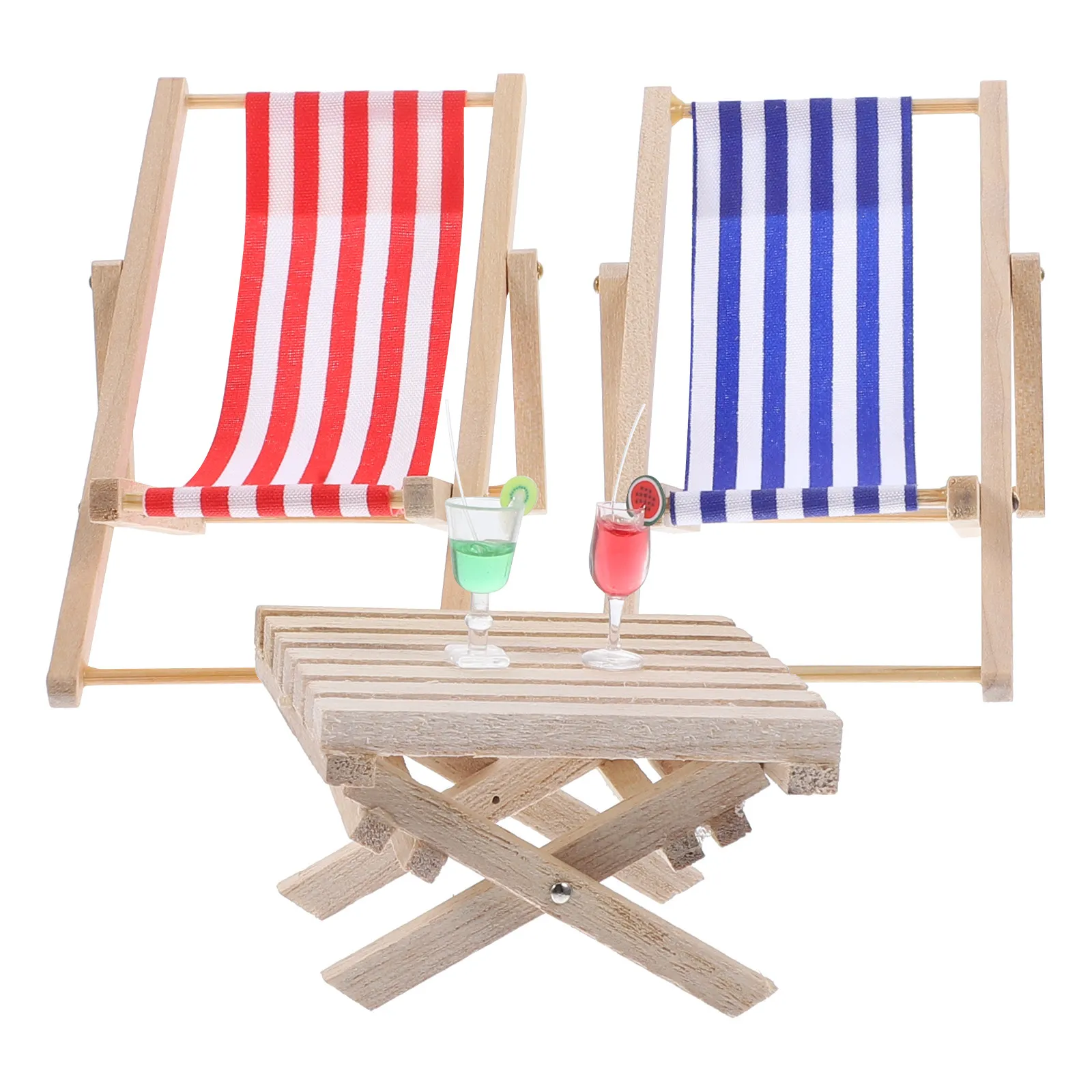 

1Set Wooden Mini Beach Chairs Cups Desk Compact Dollhouse Furniture Accessories Pretend Play Decoration Miniature Furnishing Set