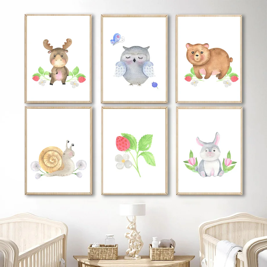 1pc frameless Canvas Painting Watercolor Woodland Animal Wall Art Cute Raccoon Bear Bunny Nursery Prints Dandelion Butterfly Can