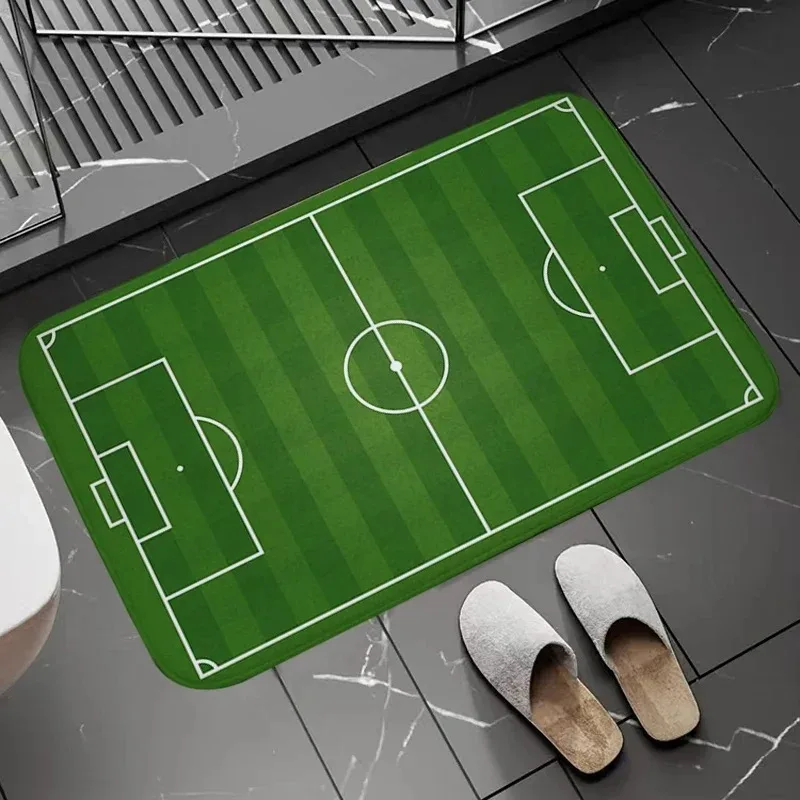 Soccer Field Pattern Door Mat Football Stadium Design Rug, Non Slip Sports Themed Floor Mat for Home Bathroom and Bedroom Decor