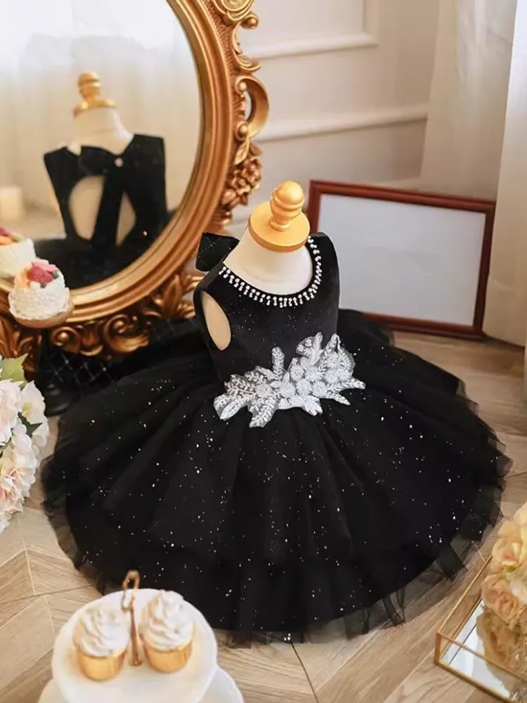 2024 New Kids Clothes Children Boutique Princess Ball Gown Birthday Baptism Party Girls Black Dresses A3692