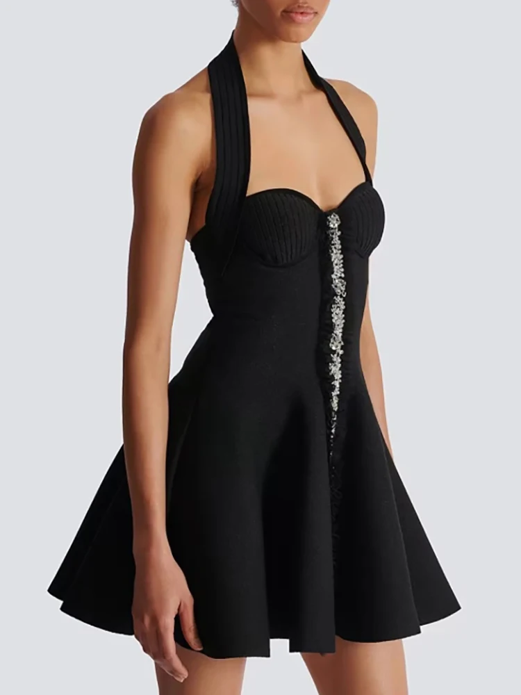 Nueva moda adelgazante elegante empalmado diamantes sólido Mini vestidos para mujeres cuello cuadrado sin mangas vestido Sexy de cintura alta