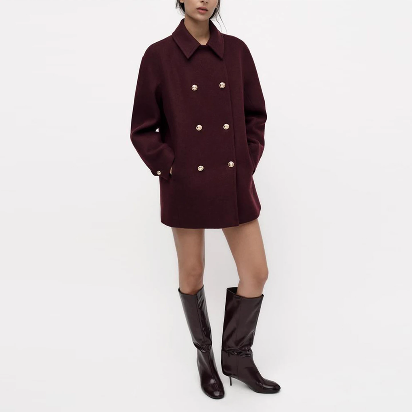 เสื้อโค้ทผู้หญิง Z รุ่นแฟชั่น กระดุมสองแถว ปี 2025 ดีไซน์ใหม่ สไตล์ลำลอง ทรงตรง ยาวปานกลาง สีพื้น ผ้าโพลีเอสเตอร์ F...