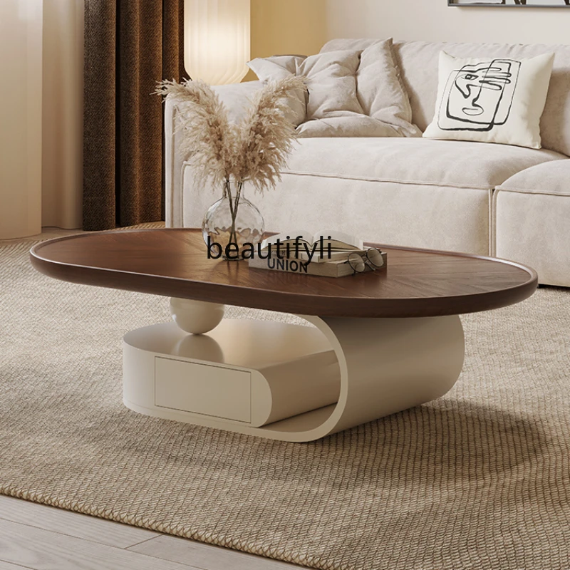 Tea Table Designer Model Minimalist round Arc Edge Modern Retro Living Room Household Walnut Color Antique Style Tea Table