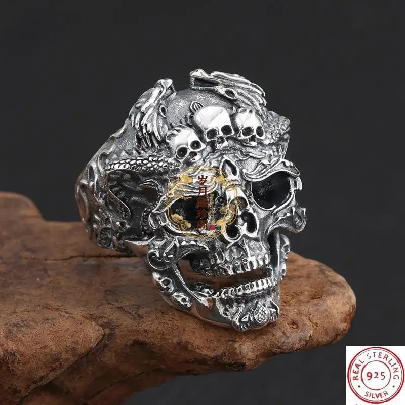 Retro Thai Silver Exaggerated Domineering Skull Ring Punk Rock Style, Rider Party Accessories, Great Gifts for Male Friends