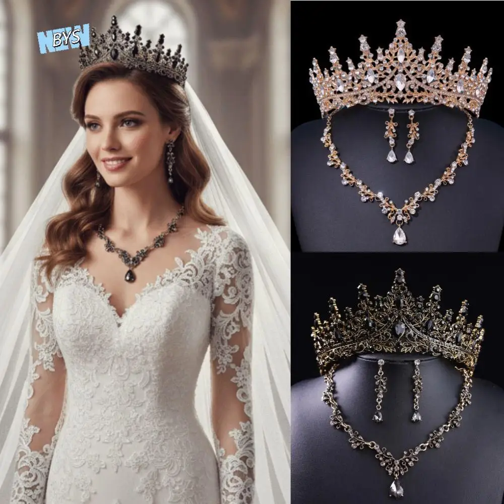 

3 Pcs Shiny Bride Jewelry Sets Hair Ornaments Headwear Luxury Wedding Tiaras Metal Exquisite Necklace Earrings and Crown Sets