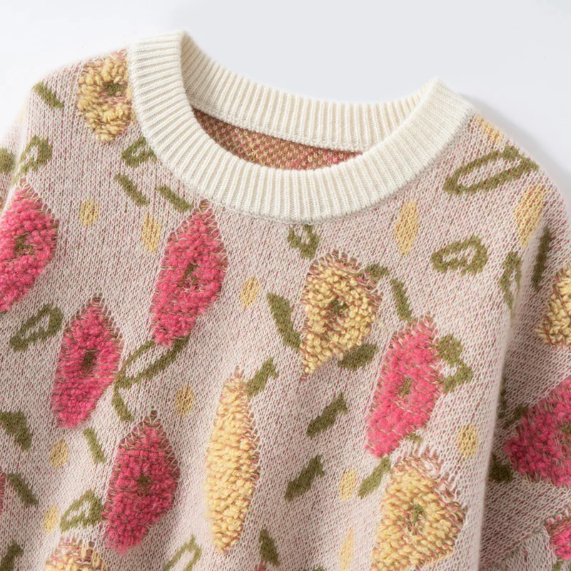 Korean Style Autumn Winter Women's 100% Cashmere Sweater Round Neck Pullover with Stereo Flower Pattern Casual Daily Knitwear