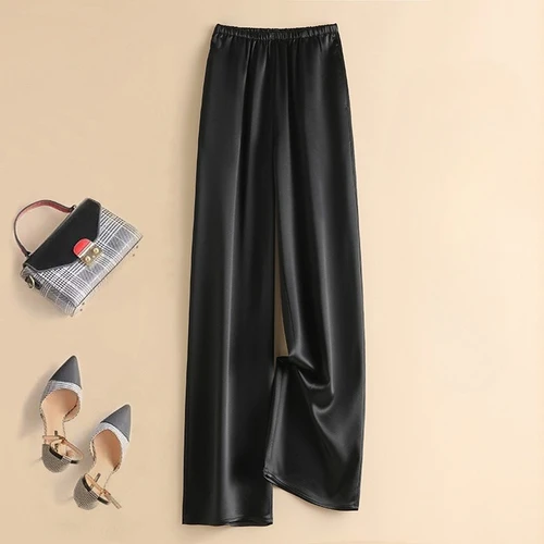 Imagen 2 del producto Pantalones lisos de seda acida para mujer, pantalones drapeados de seda de hielo alta para primavera y verano, pantalones de pierna recta holgados lisos