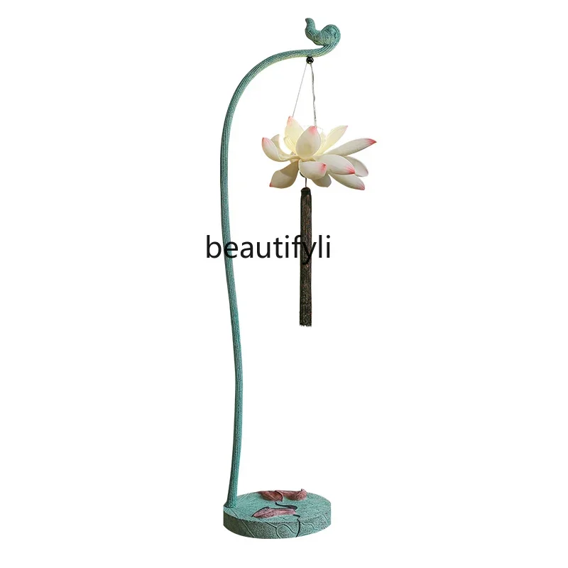 

V New Chinese Floor Lamp Living Room Bedroom Bedside Lamp Eye Protection Vertical Lotus Floor Lamp