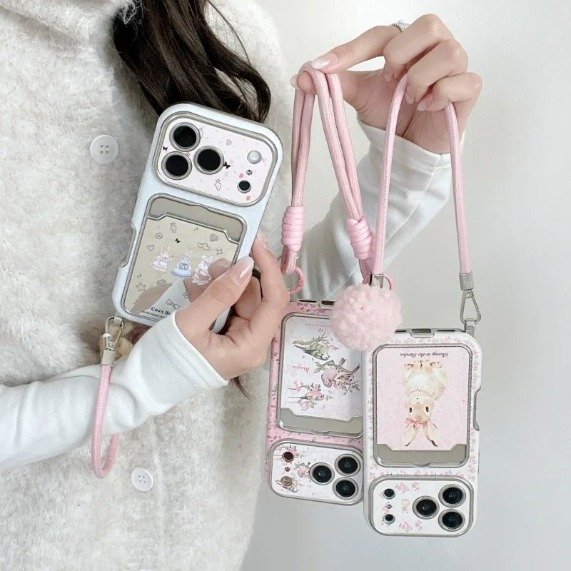 

Fashion Flower Bowknot Print Rabbit Card Slot Phone Case For iPhone 17 PRO 16 15 14 Pro Max Cover with Hand Rope Strap Cute Fund