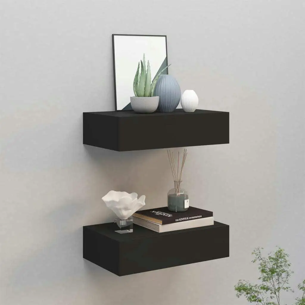 2-Pack Wall-Mounted Drawer Shelves - Black MDF, 40x23.5x10cm Storage Solution