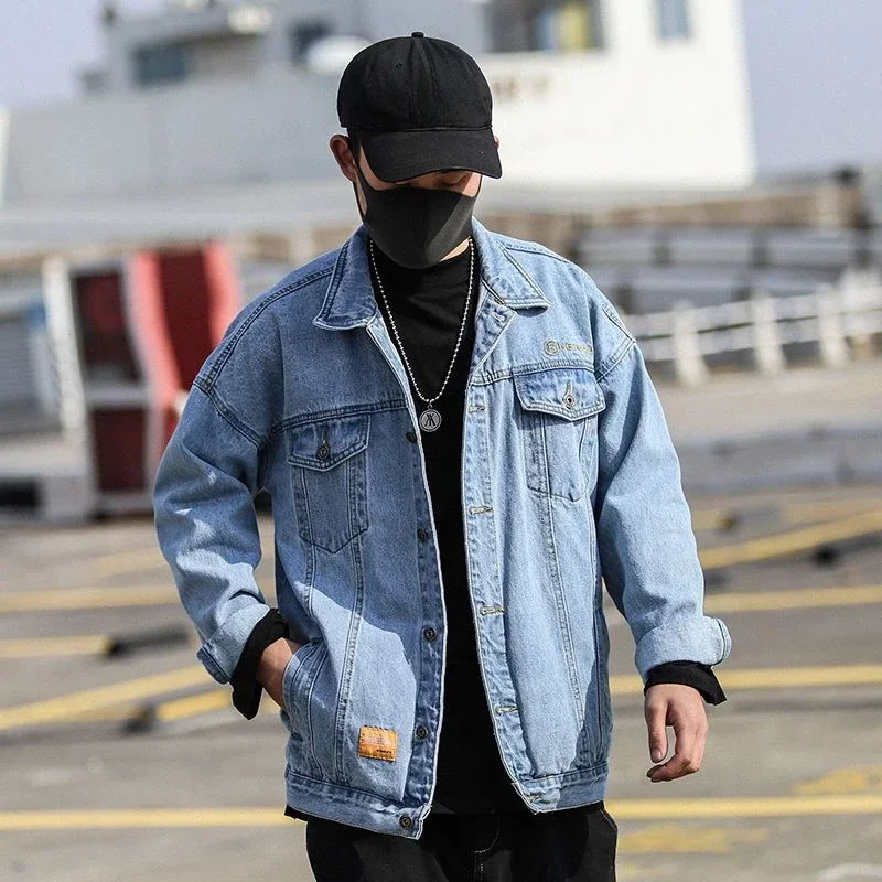 

Jeans Coat for Men Wide Shoulders Gray Denim Jackets Man with Embroidery Overcoat Korea Cowboy Low Cost Outwear Vintage Casual G