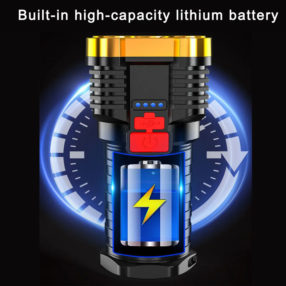 Фонарик высокой мощности с 5 Светодиодами, перезаряжаемый от USB, COB мощный яркий фонарик с батареей 18650, водонепроницаемый уличный фонарь для кемпинга