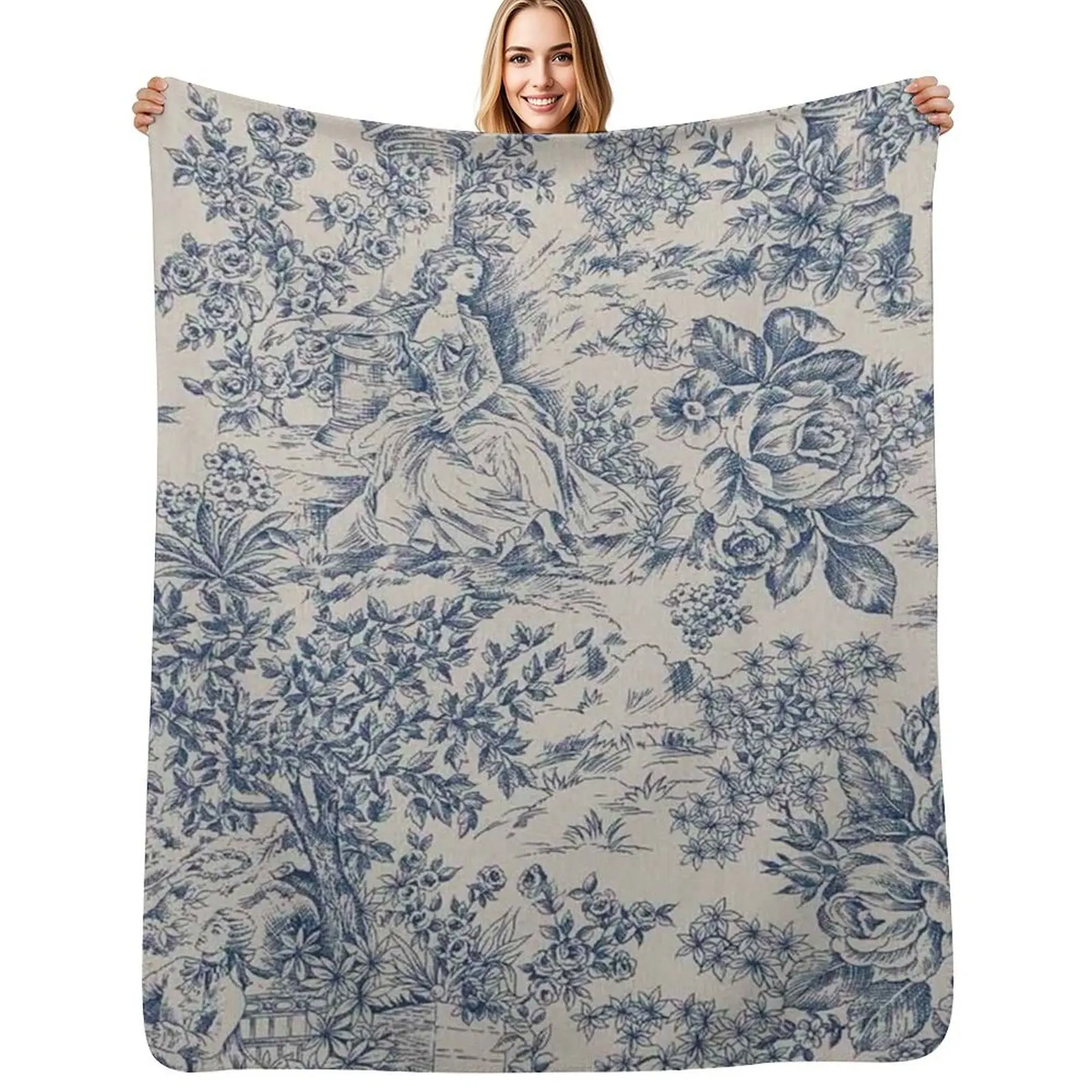 Blue Toile de Jouy Throw Blanket Blankets For Bed Plaid Decorative Beds Thin Soft Plaid Luxury Throw Blankets