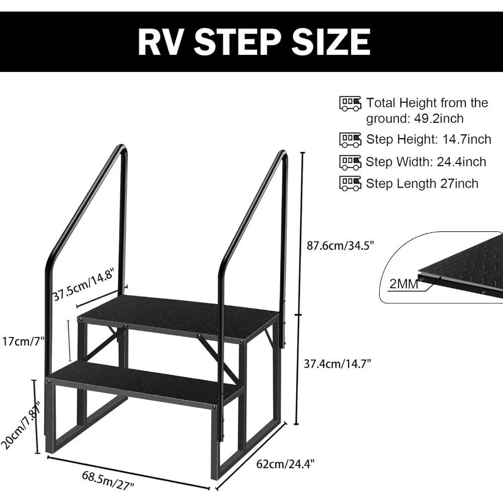 خطوات RV مع درابزين، سلالم RV بخطوتين سعة تحميل 660 رطل، سلم متدرج مع لوحة مضادة للانزلاق، سلالم منزلية متنقلة للسفر #3