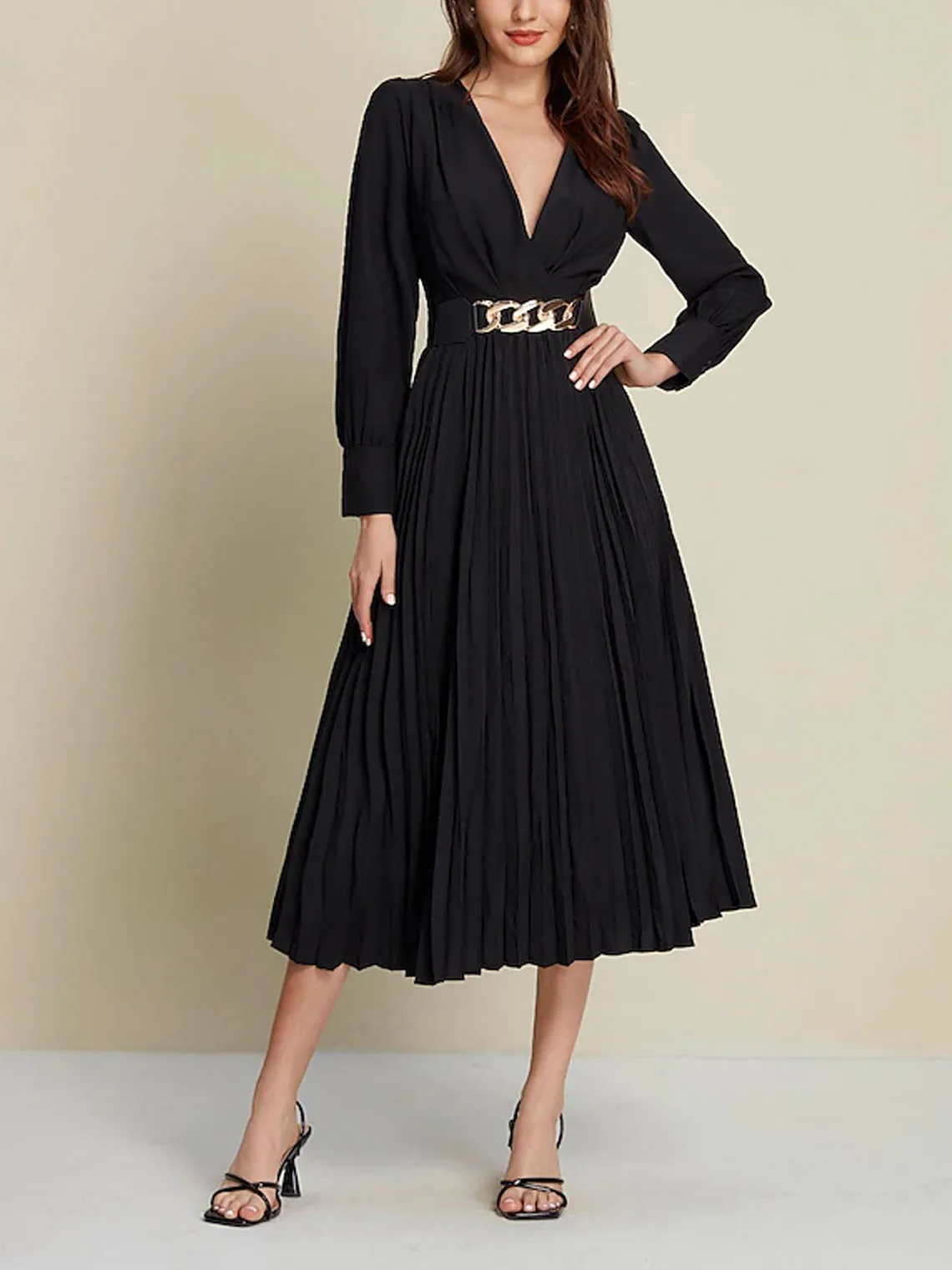 

Elegant A-Line Prom Evening Dress Chiffon Long Sleeves V Neck Tea-Length Pleated Sash Wedding Guest Dress 2025 Free Customized