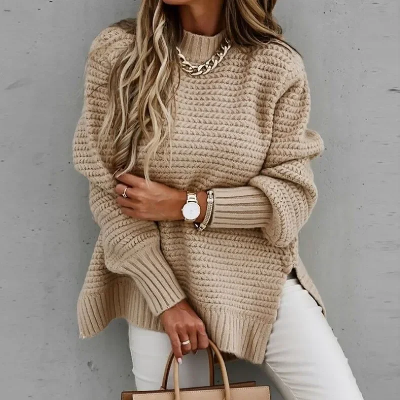 TPJB New Women's Pullovers Casual Knitwear Women Fashion Half High Neck Solid Side Split Knitted Sweater