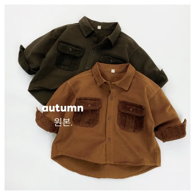 

HoneyCherry New Autumn Korean-Inspired Utility Shirt for Kids, Fashionable Solid-Color Versatile Outerwear Top for Boys & Girls
