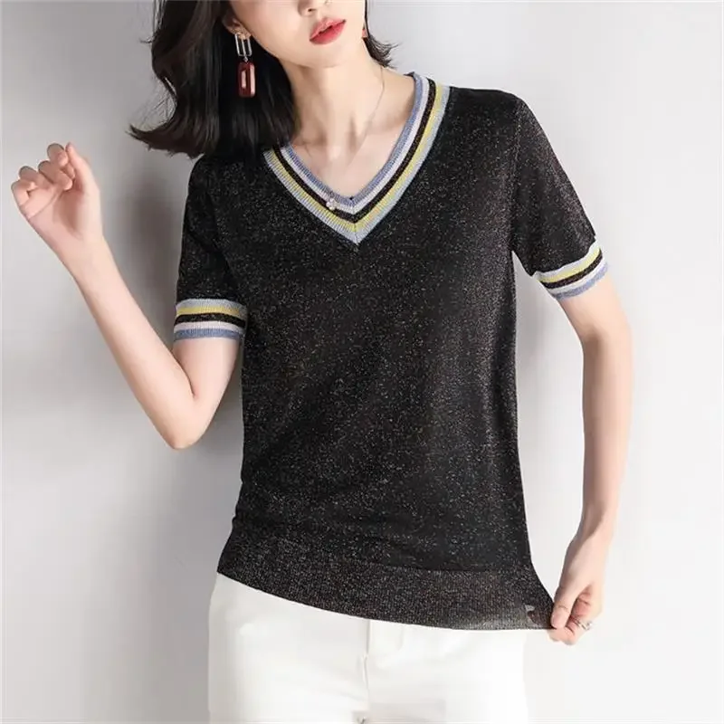 

Fashion V-Neck Spliced All-match Korean Blouse Women Clothing 2023 Spring New Loose Casual Pullovers Short Sleeve Commute Shirt