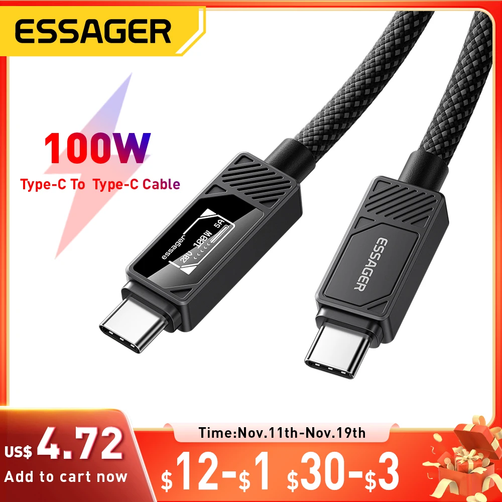 Essager 100W USB Type C Cable PD 5A Fast Charging Wire Cord For iPhone 16 15 14 Macbook iPad Samsung Huawei Digital Display Wire