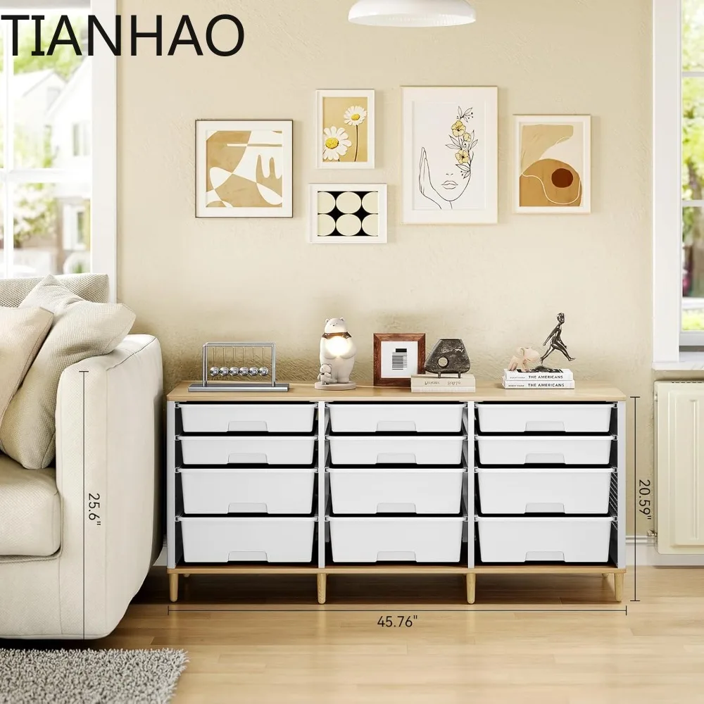 12-Drawer Storage Cabinet with Wooden Top for Home, Living Room, Bedroom, and Classroom Organization