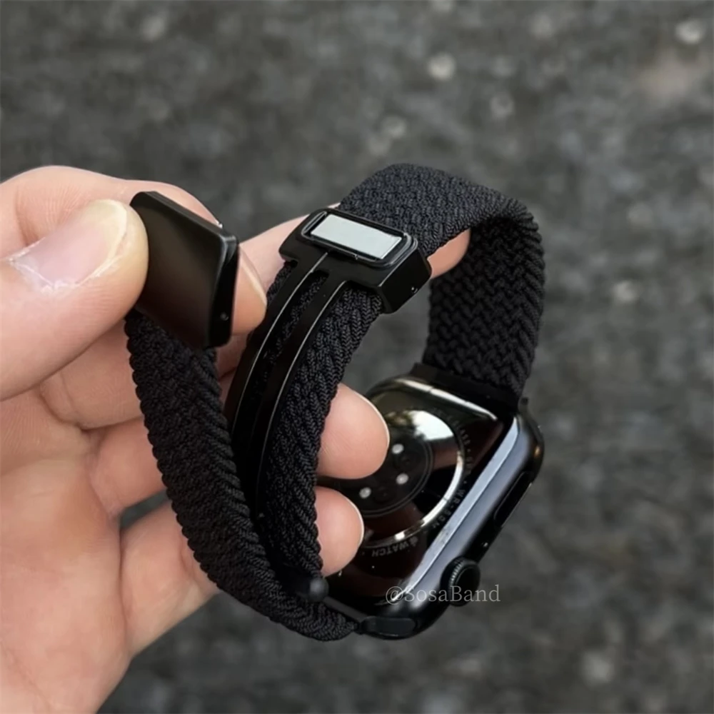 INS Designer Nylon Braided Elastic Band For Apple Watch 44mm 40 45 41 49 42 38 Magnetic Buckle For Ultra Series 9 8 SE 7 6 5 4 3