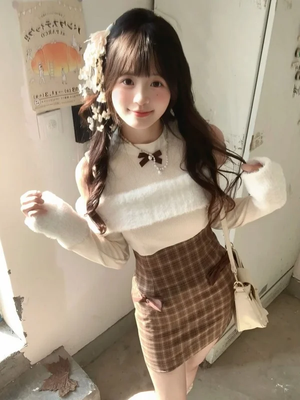 เสื้อไหมพรมทรงเข้ารูปแบบสลิมฟิต แขนยาว โชว์ไหล่ แต่งลายสก็อต สำหรับผู้หญิง ฤดูใบไม้ร่วง ฤดูหนาว สไตล์นักศึกษา ทรงบอดี้คอน