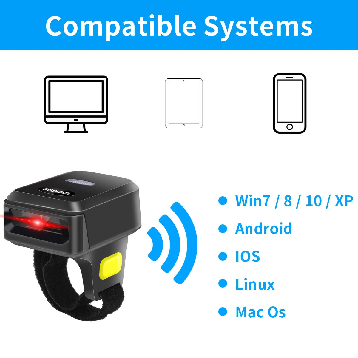 32-Bit CMOS Black A4 Mini Wireless USB Interface Portable 1D 2D QR Barcode Scanner with Wearable Ring Scanning Stock