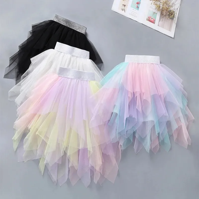 3-12Yrs Gauze Girls Skirts 2023 Rainbow Irregular Skirt Children's Bottomst Girl Tutu Princess Dance Skirt Mother Child Skirt