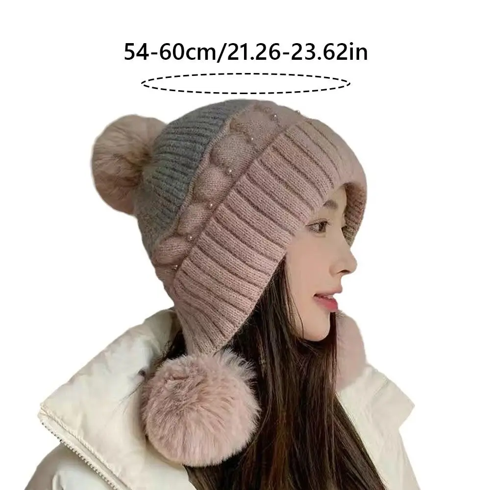 Sweet Warm Thickened Knitted Hat Ear Protection Windproof Women's Beanies Coldproof Pearl-embellished Bonnet Caps Autumn Winter