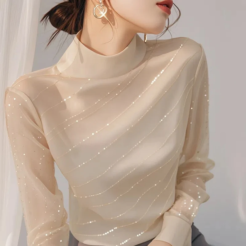 Autumn Winter New Fashion Half High Collar Long Sleeve Solid Bottoming Shirt Women\'s Clothing Sequined Korean All-match Chic Top